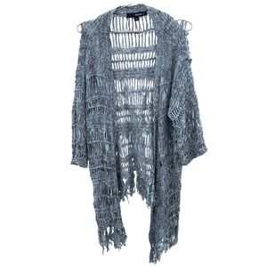 denim24/7 Blue Open Knit Boho Fringe Kimono Cardigan Sweater Festival Large